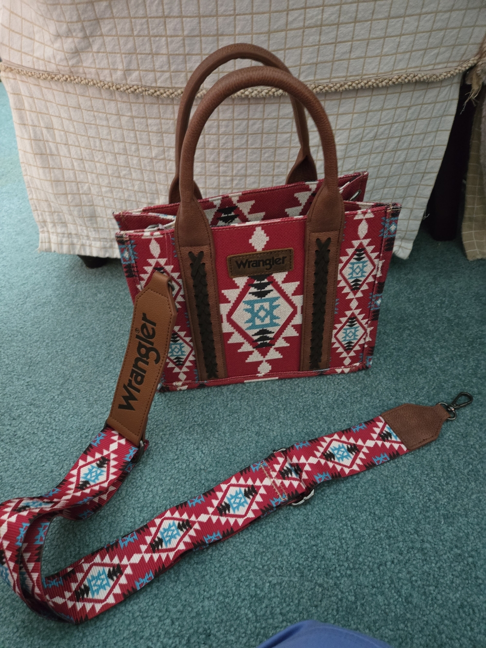 Wrangler Red Aztec Tote with Brown Accents and Detachable Strap